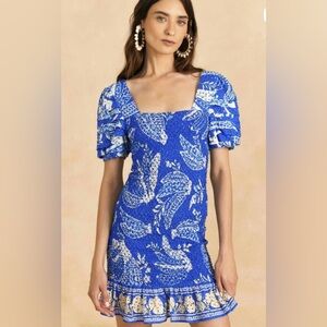 FARM Rio Blue and White Ruffled Tiered Mini Dress